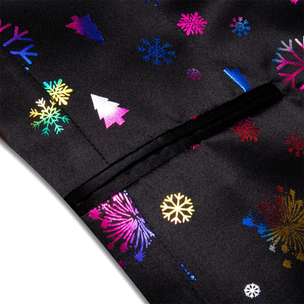 Hi-Tie Mens Silk Suit Black Colorful Christmas Snow Festival Suit for Men