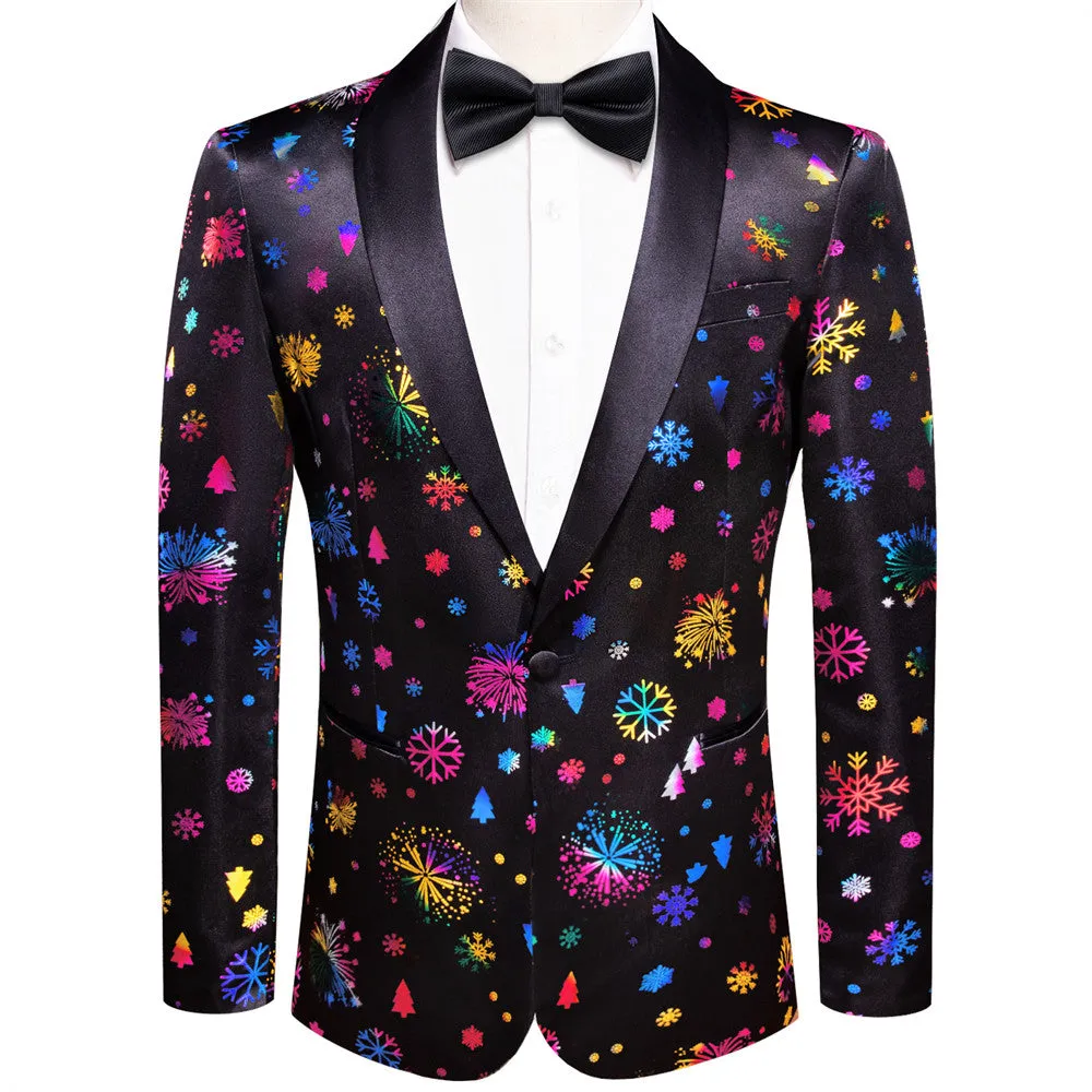 Hi-Tie Mens Silk Suit Black Colorful Christmas Snow Festival Suit for Men