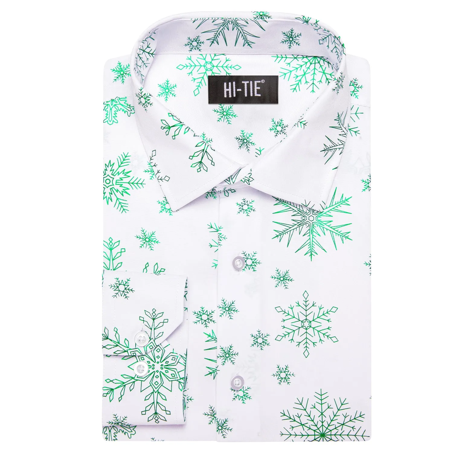 Hi-Tie White Long Sleeve Shirt Green Snowflake Men's Christmas Top