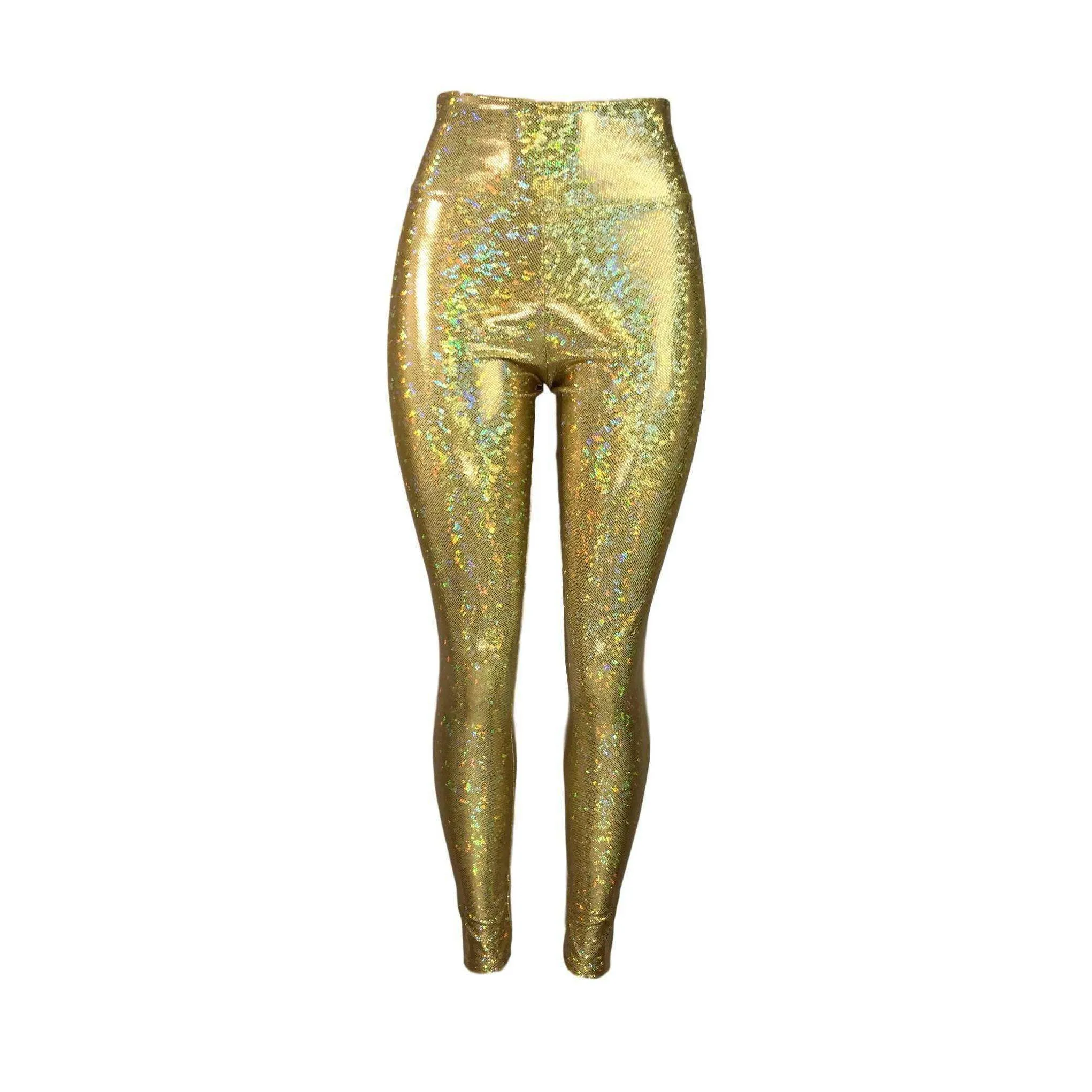 High Waist Leggings - Gold Shattered Glass Holographic Pants