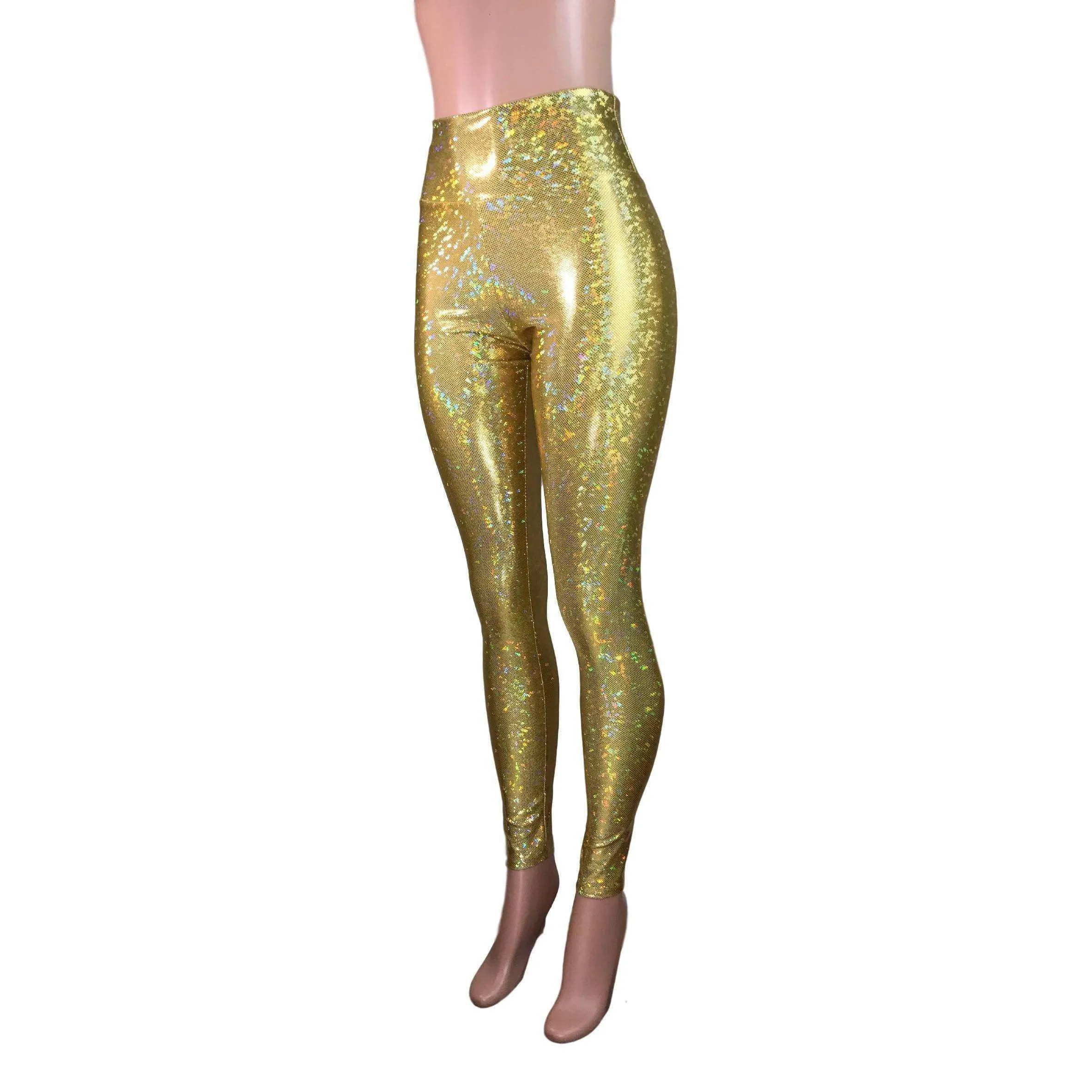 High Waist Leggings - Gold Shattered Glass Holographic Pants