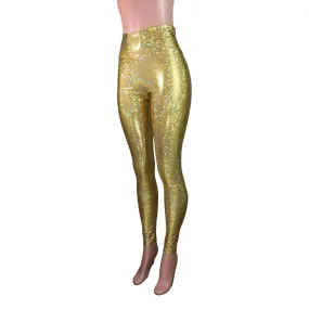 High Waist Leggings - Gold Shattered Glass Holographic Pants