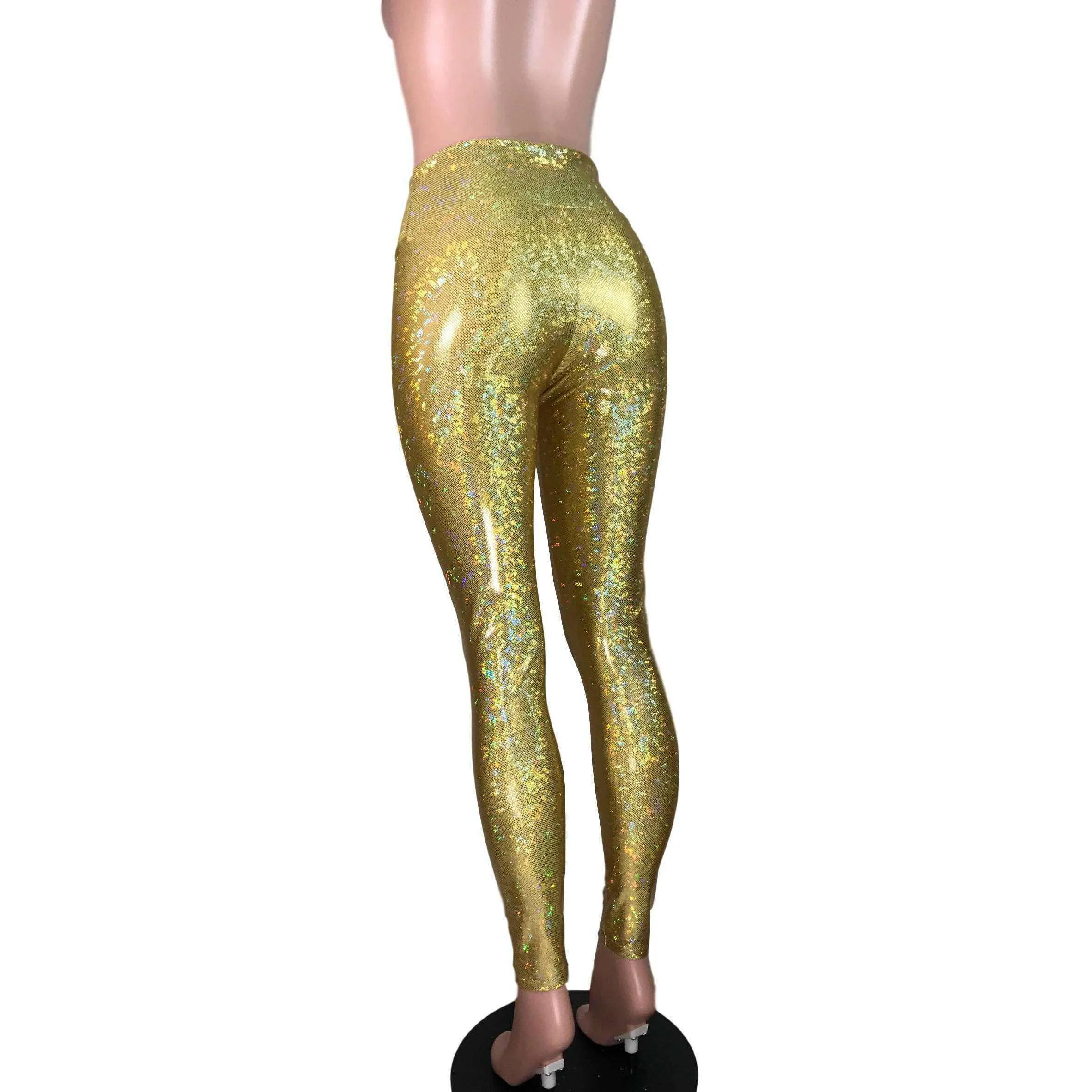 High Waist Leggings - Gold Shattered Glass Holographic Pants