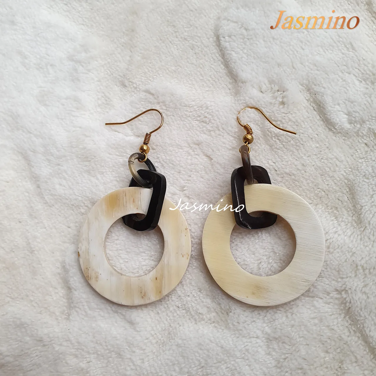 Jasmino Unique Handmade 18k Gold Plated Brass Circle Dangle Earrings Made By Natural Buffalo Horn