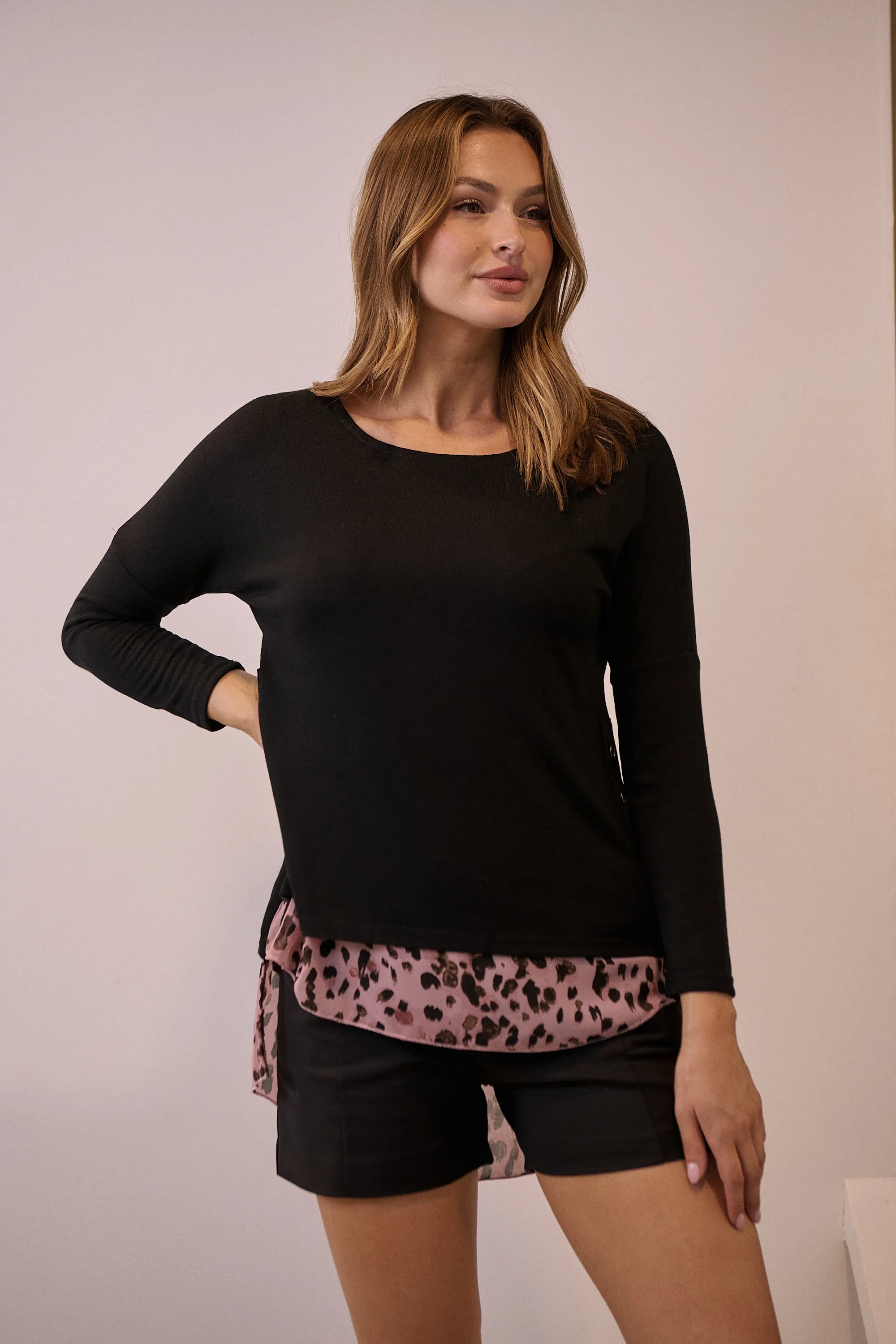 Kalani Long Sleeve Black/Pink Leopard Layered Top