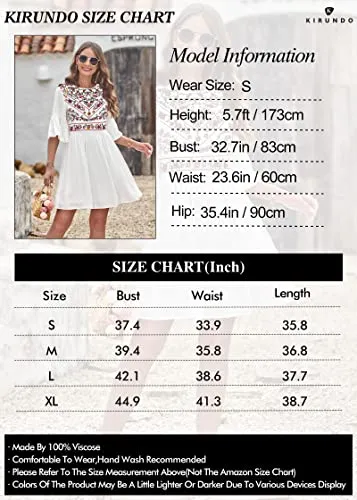 KIRUNDO 2023 Summer Women Bell Sleeve Floral Embroidered Mini Babydoll Dress Boho Casual Round Neck Flowy Tunic Shift Dress(Dark Green, Large)