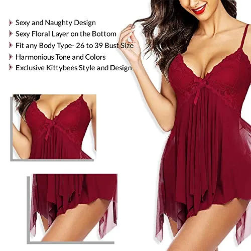 KITTYBEES Nightwear for Girls-Babydoll Dress for Women, Honeymoon Lingerie, Lace Sleepwear (M, Maroon)