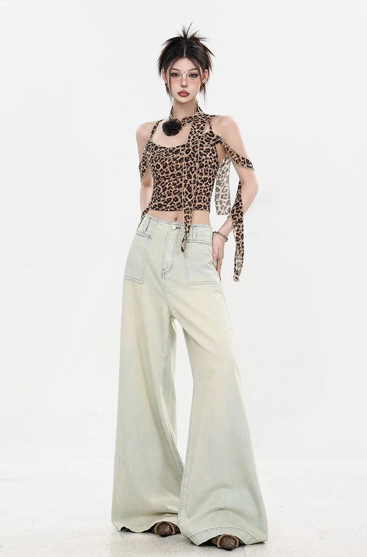 Leopard Print Halter Neck Crop Top with Tie Sleeves