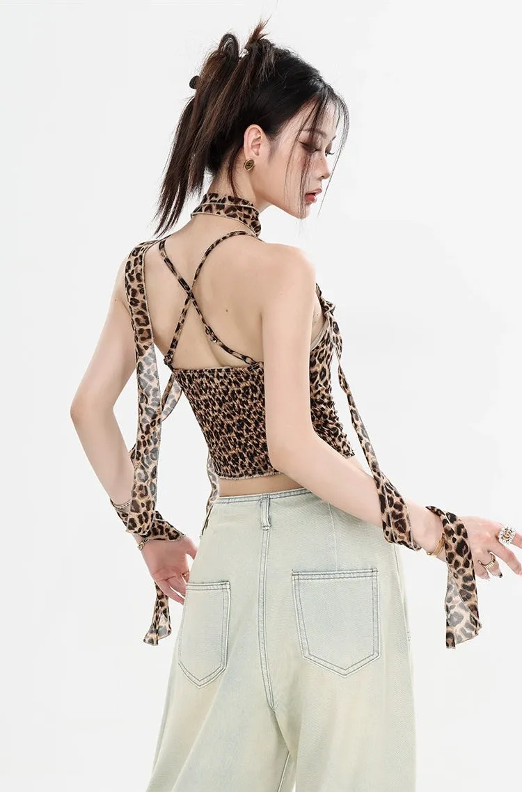 Leopard Print Halter Neck Crop Top with Tie Sleeves