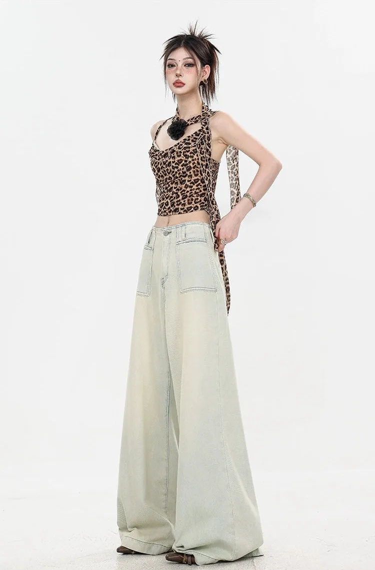 Leopard Print Halter Neck Crop Top with Tie Sleeves