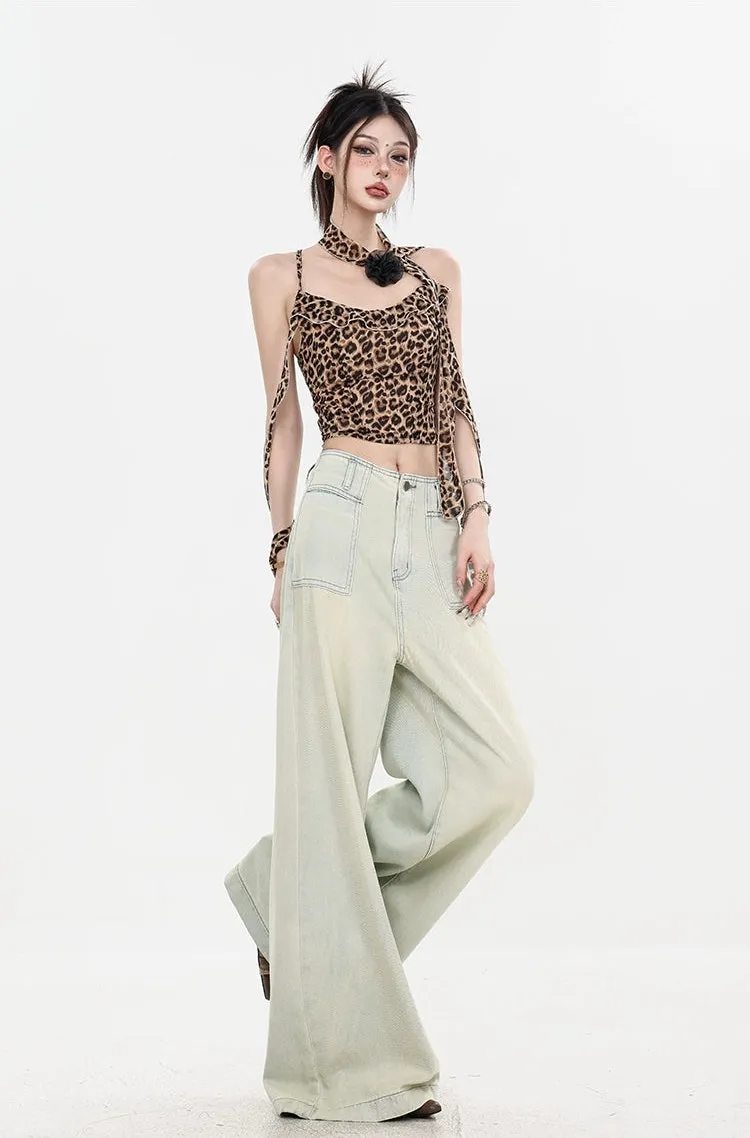 Leopard Print Halter Neck Crop Top with Tie Sleeves