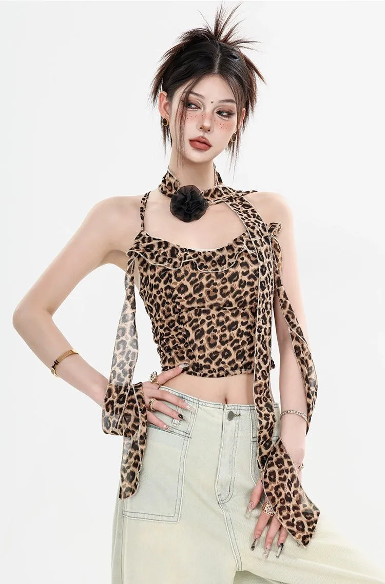 Leopard Print Halter Neck Crop Top with Tie Sleeves