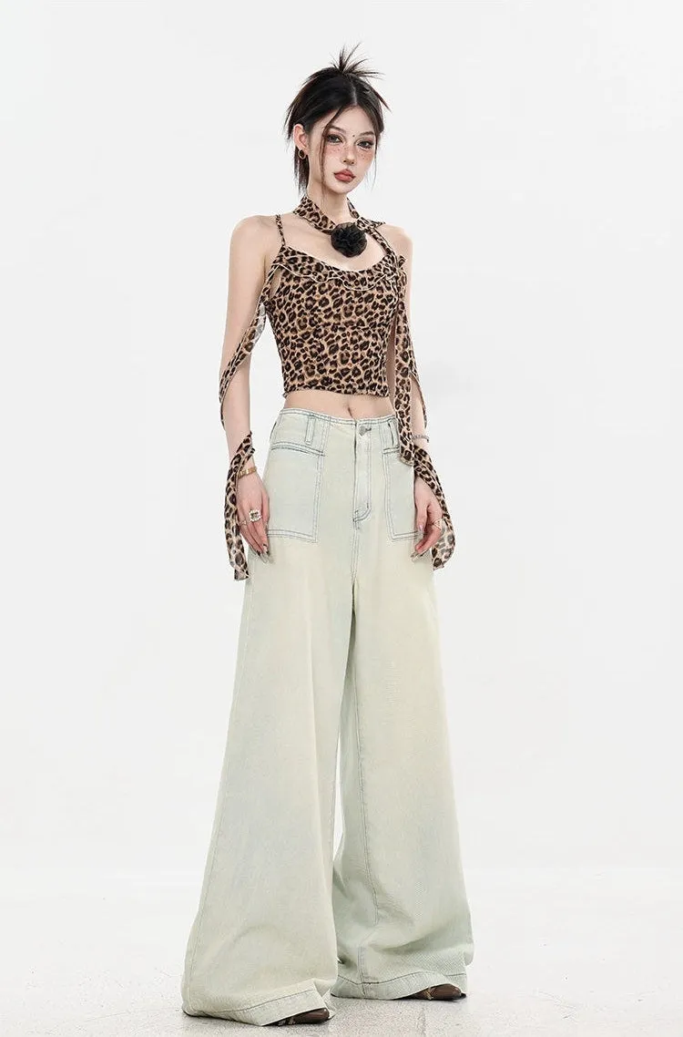 Leopard Print Halter Neck Crop Top with Tie Sleeves