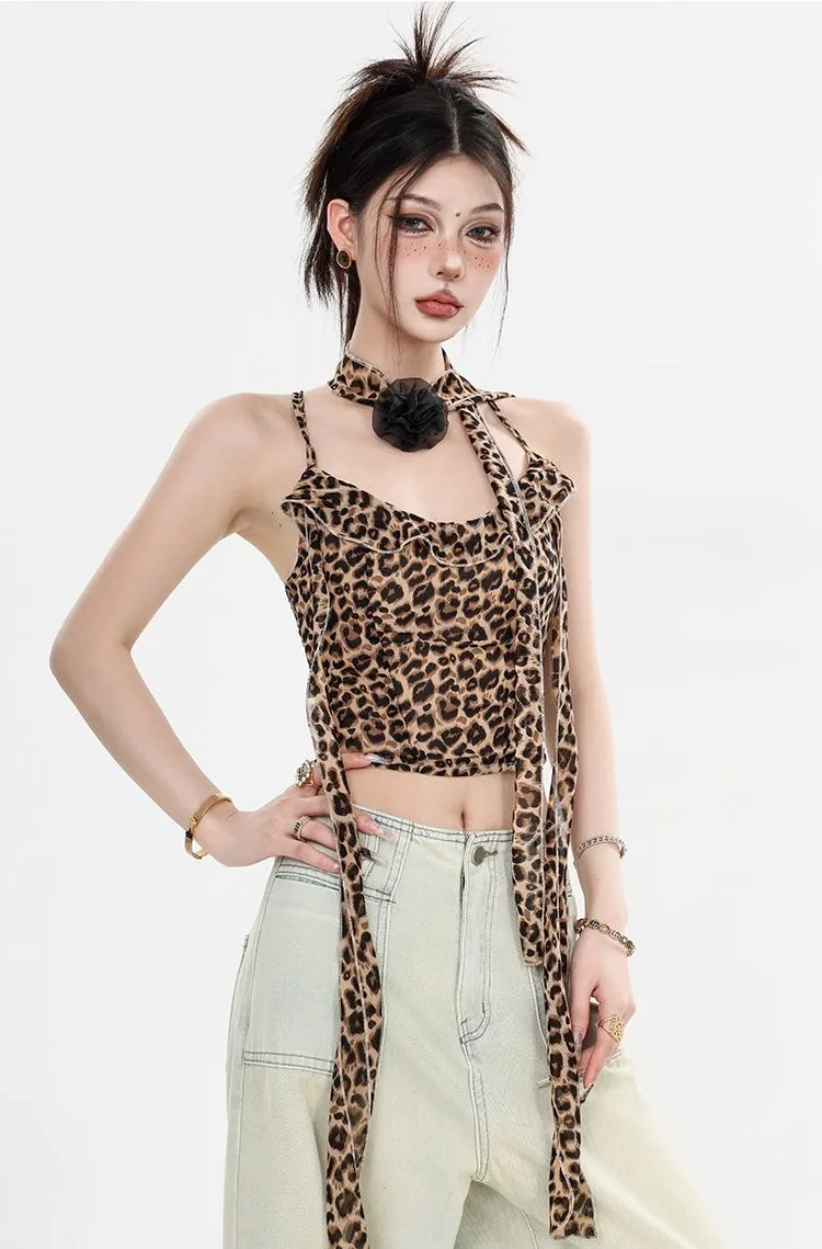 Leopard Print Halter Neck Crop Top with Tie Sleeves