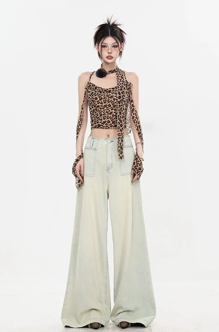 Leopard Print Halter Neck Crop Top with Tie Sleeves