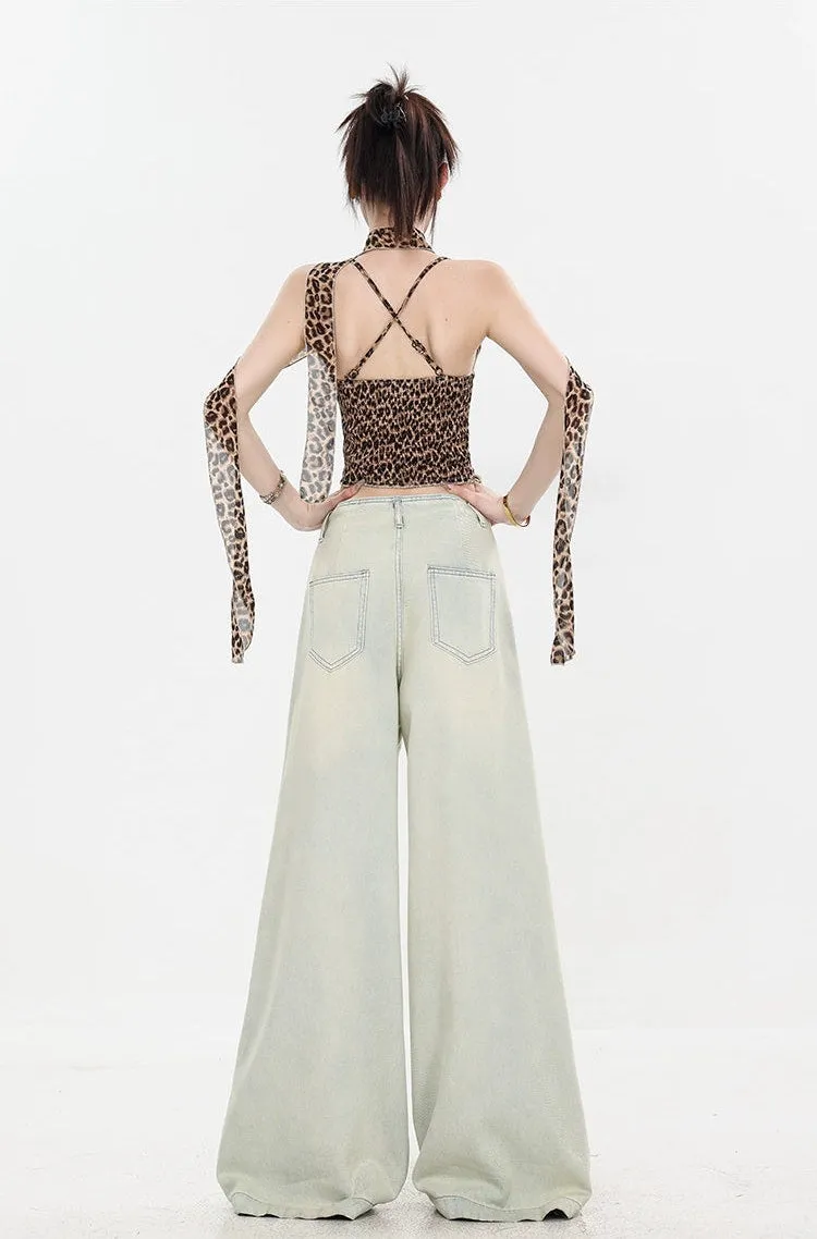 Leopard Print Halter Neck Crop Top with Tie Sleeves