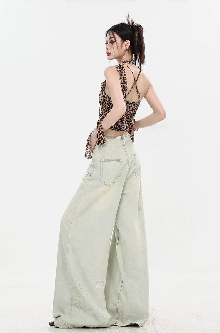 Leopard Print Halter Neck Crop Top with Tie Sleeves