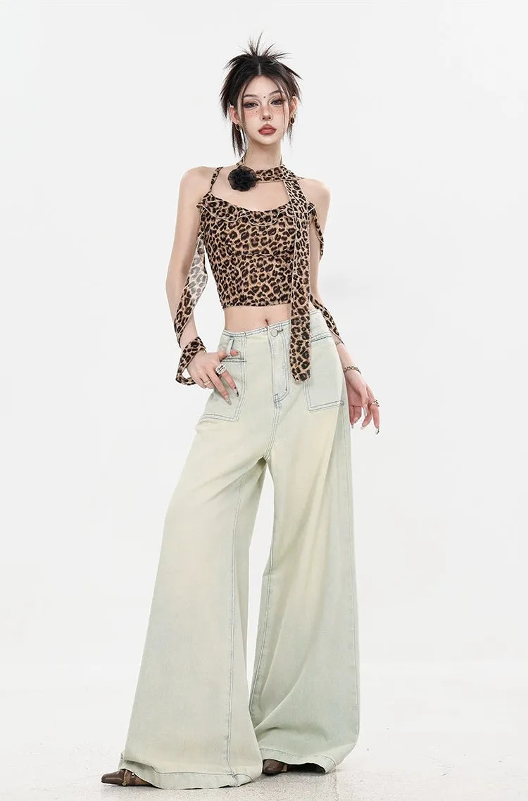 Leopard Print Halter Neck Crop Top with Tie Sleeves