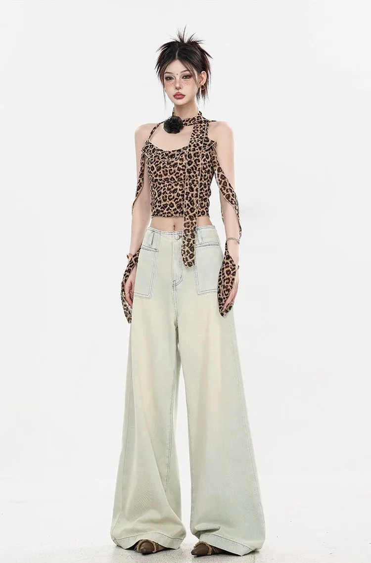 Leopard Print Halter Neck Crop Top with Tie Sleeves