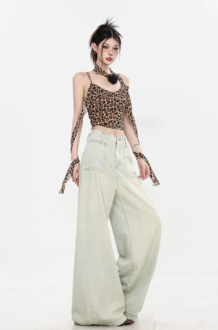 Leopard Print Halter Neck Crop Top with Tie Sleeves