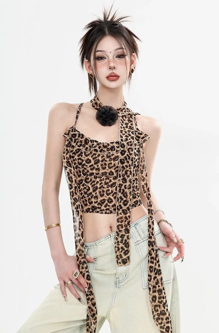 Leopard Print Halter Neck Crop Top with Tie Sleeves