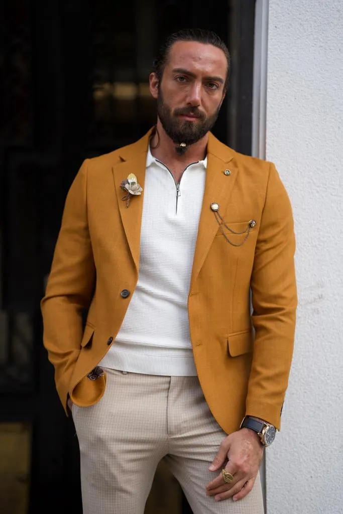 Light Mustard Slim Fit Cotton Blazer Jacket for Men | GentWith