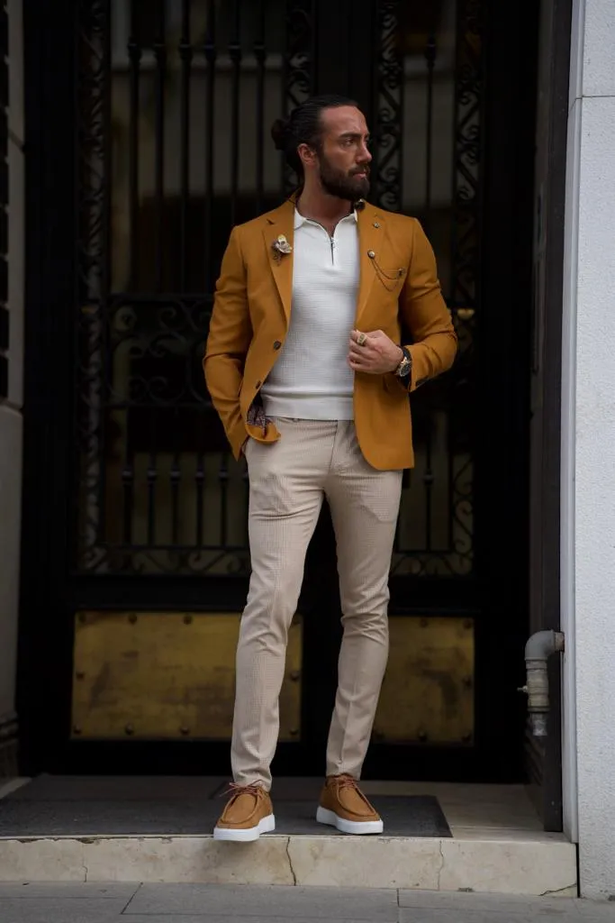 Light Mustard Slim Fit Cotton Blazer Jacket for Men | GentWith