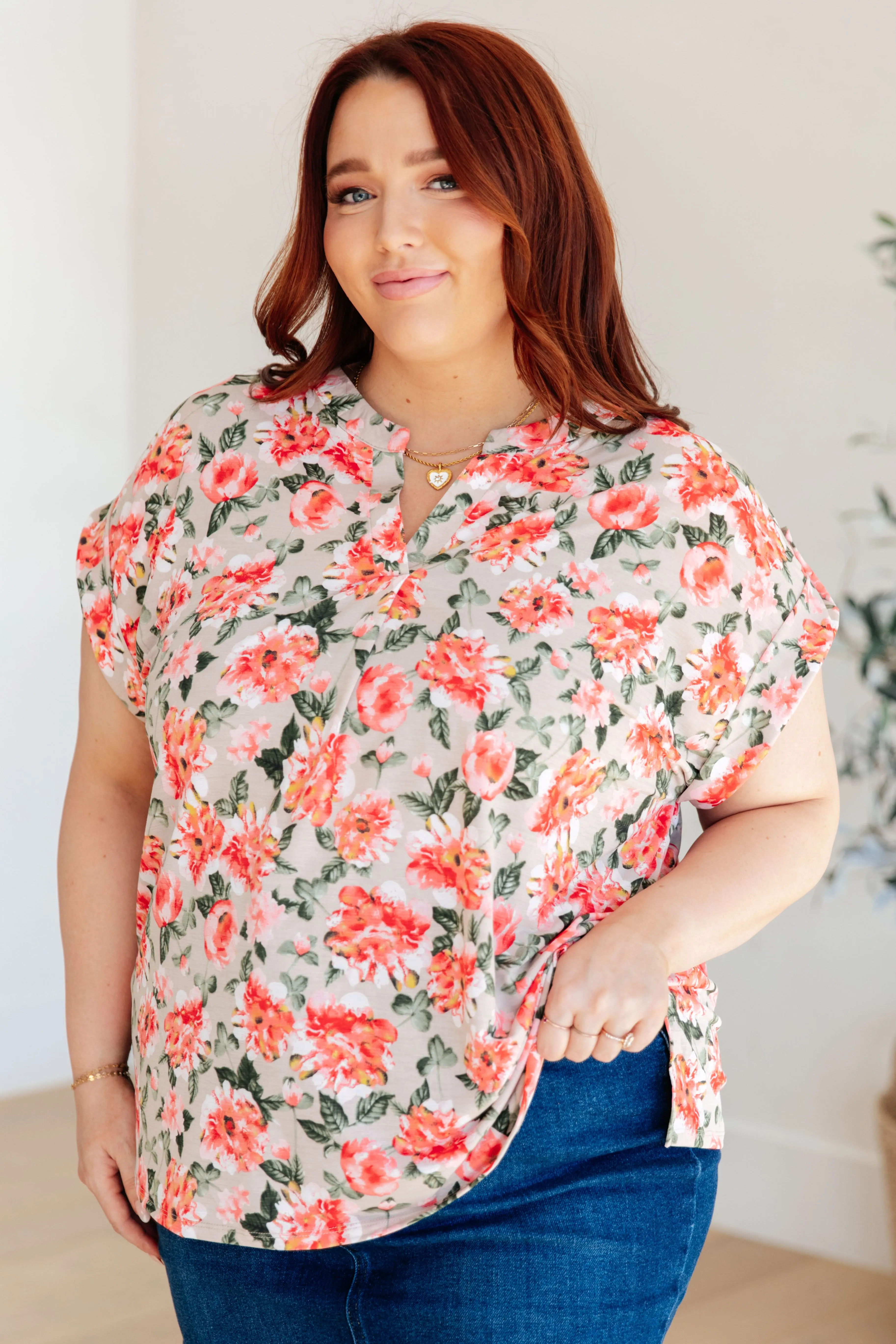 Lizzy Cap Sleeve Top in Coral and Beige Floral - Dear Scarlett