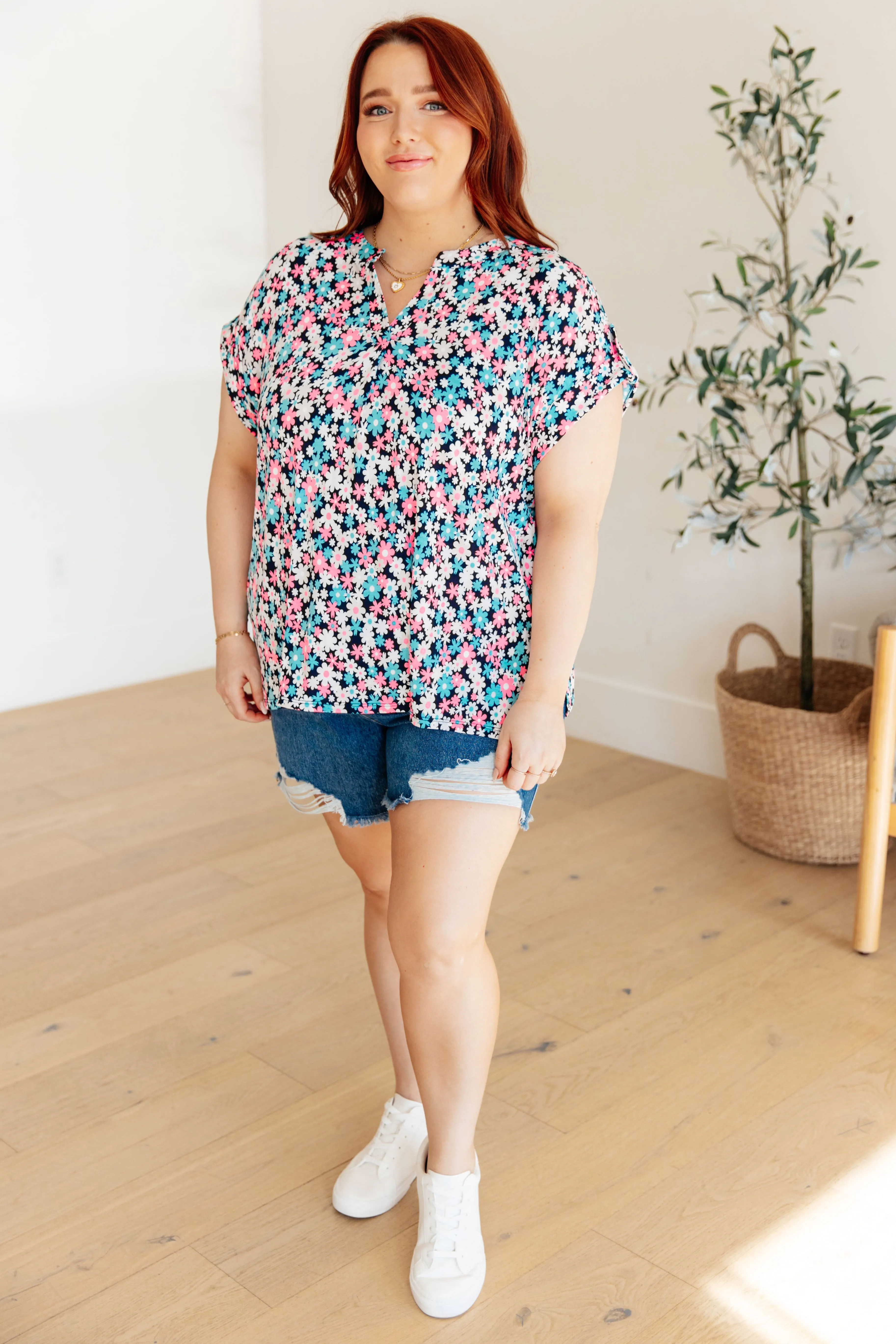 Lizzy Cap Sleeve Top in Navy and Hot Pink Floral - Dear Scarlett