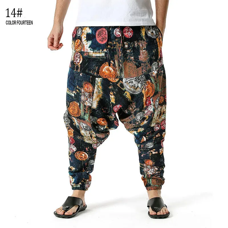 Men Casual Cotton Harem Pants Bohemian Style Joggers Yoga Vintage Baggy Trousers Sarouel Homme Hippy Hose HK02