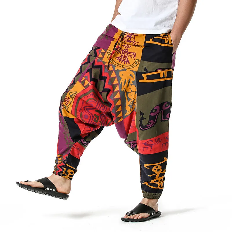 Men Casual Cotton Harem Pants Bohemian Style Joggers Yoga Vintage Baggy Trousers Sarouel Homme Hippy Hose HK02