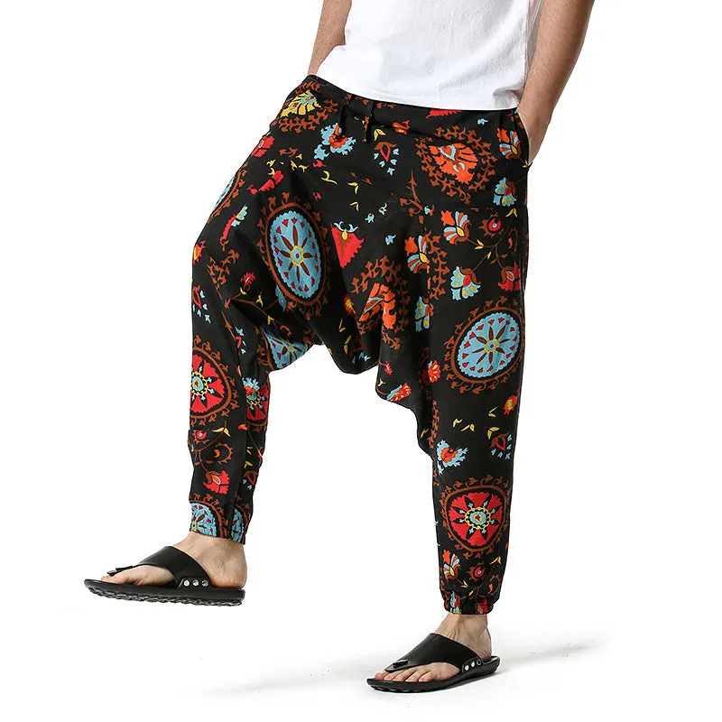 Men Casual Cotton Harem Pants Bohemian Style Joggers Yoga Vintage Baggy Trousers Sarouel Homme Hippy Hose HK02