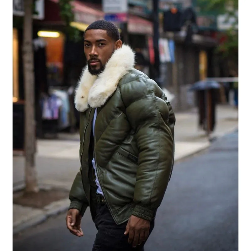 Men V Bomber Leather Jacket Money Green And Off White Fur