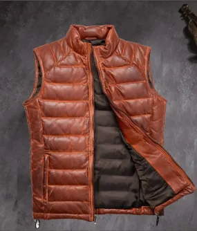 Men's Brown Leather Puffer Vest: Sleeveless Jacket, Perfect for Casual Wear, Genuine Leather