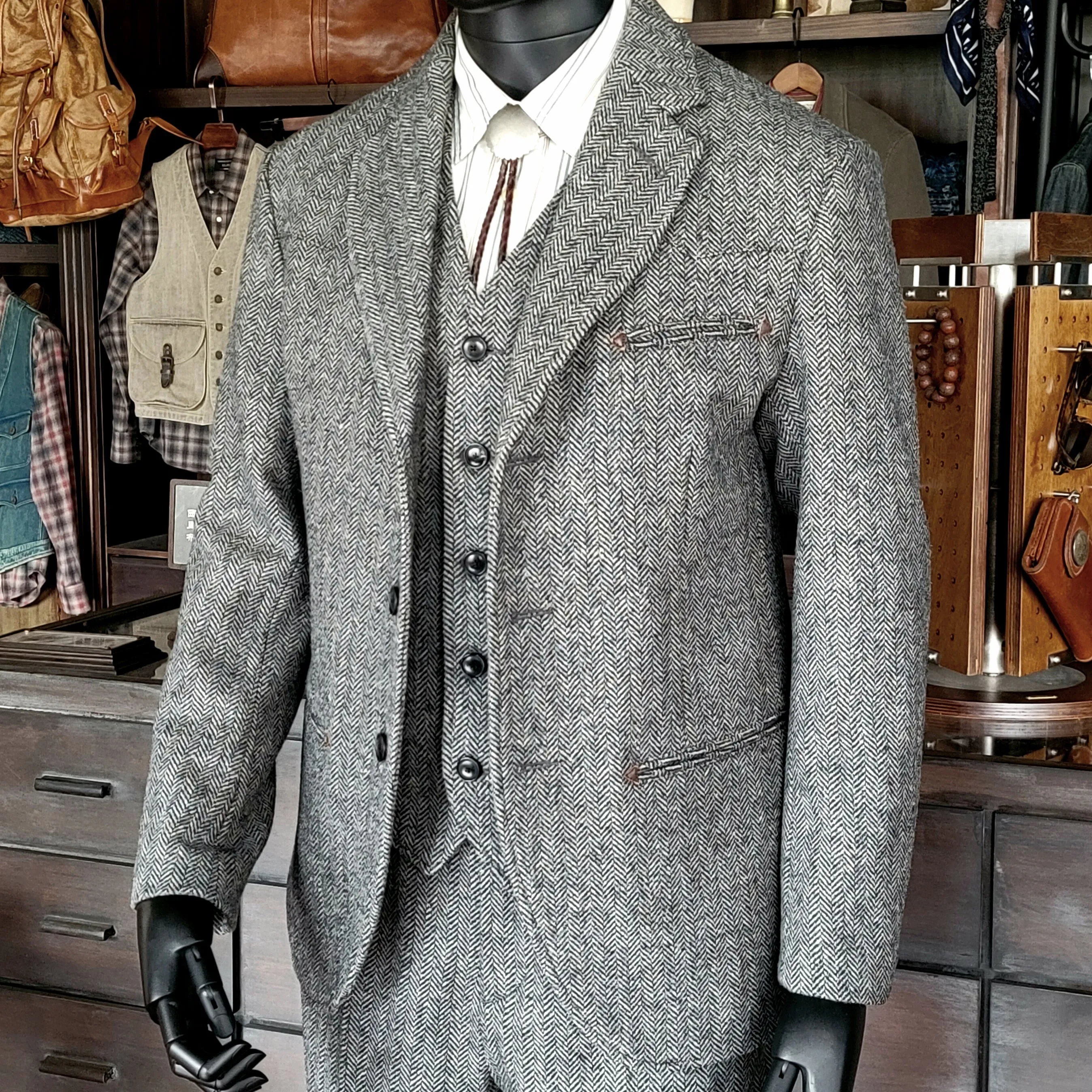 Men's Herringbone Tweed Notch Lapel Dress Suit Jacket