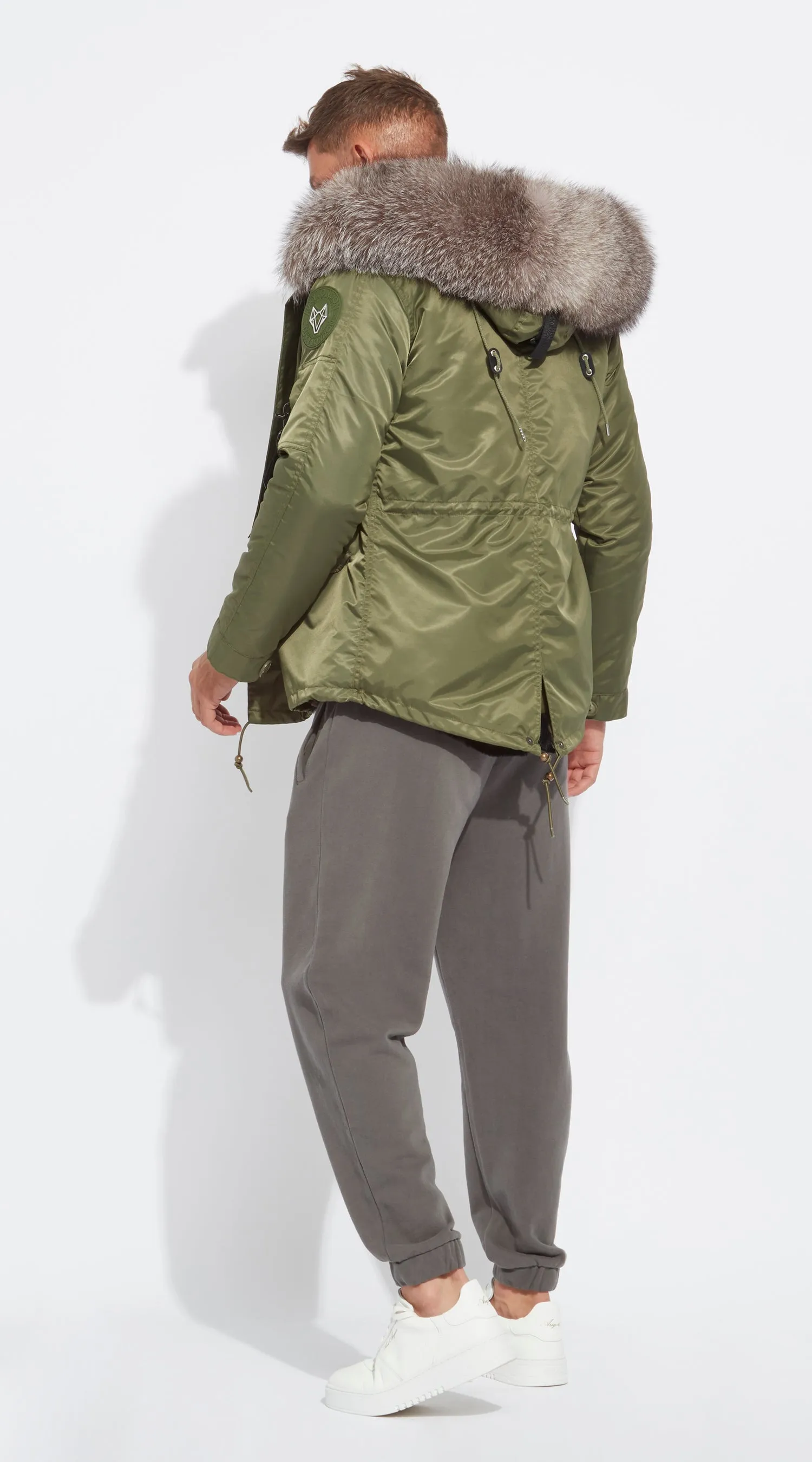 Mens Khaki Water-Repellent Luxy Fur Parka - Silver Frost Fox