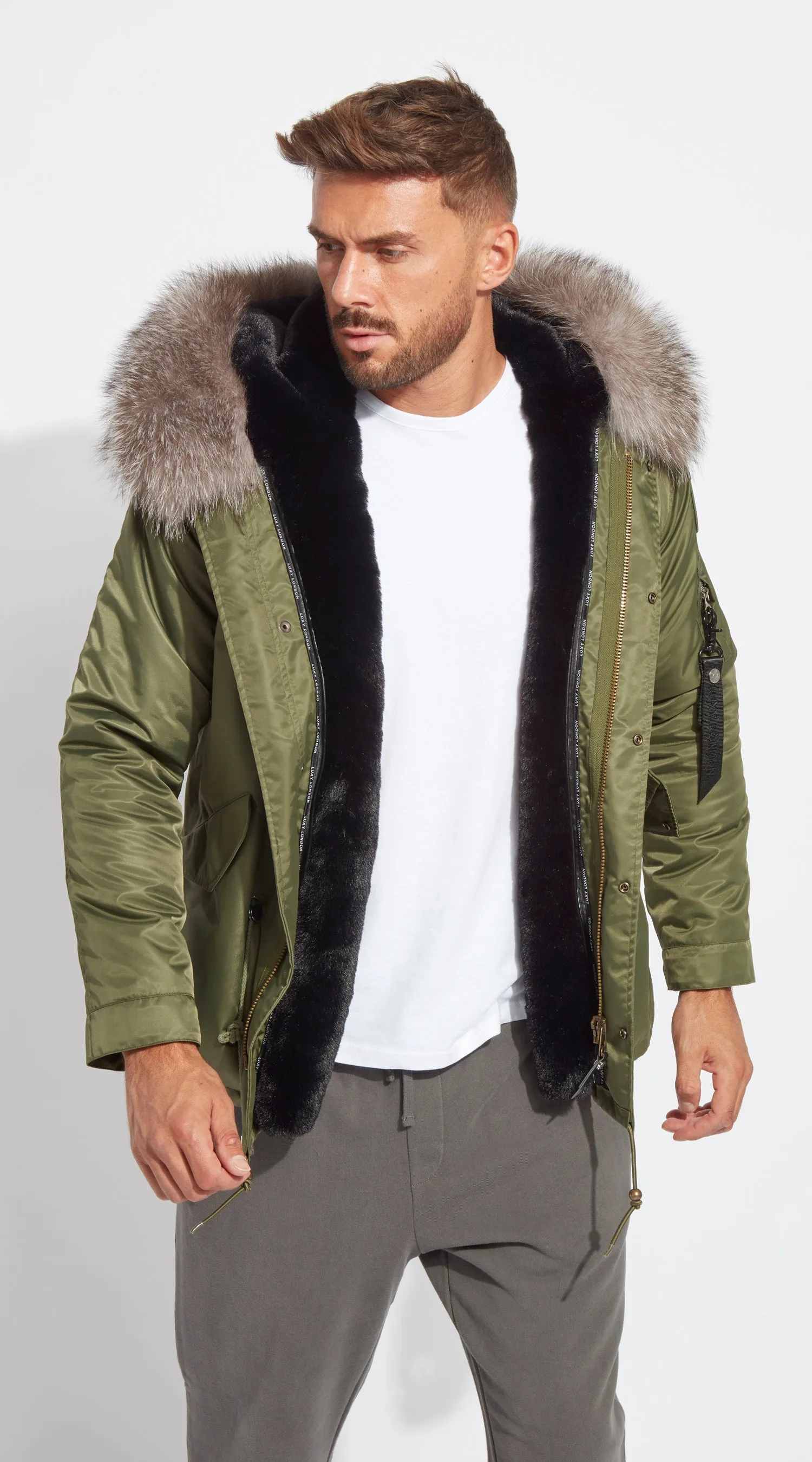 Mens Khaki Water-Repellent Luxy Fur Parka - Silver Frost Fox