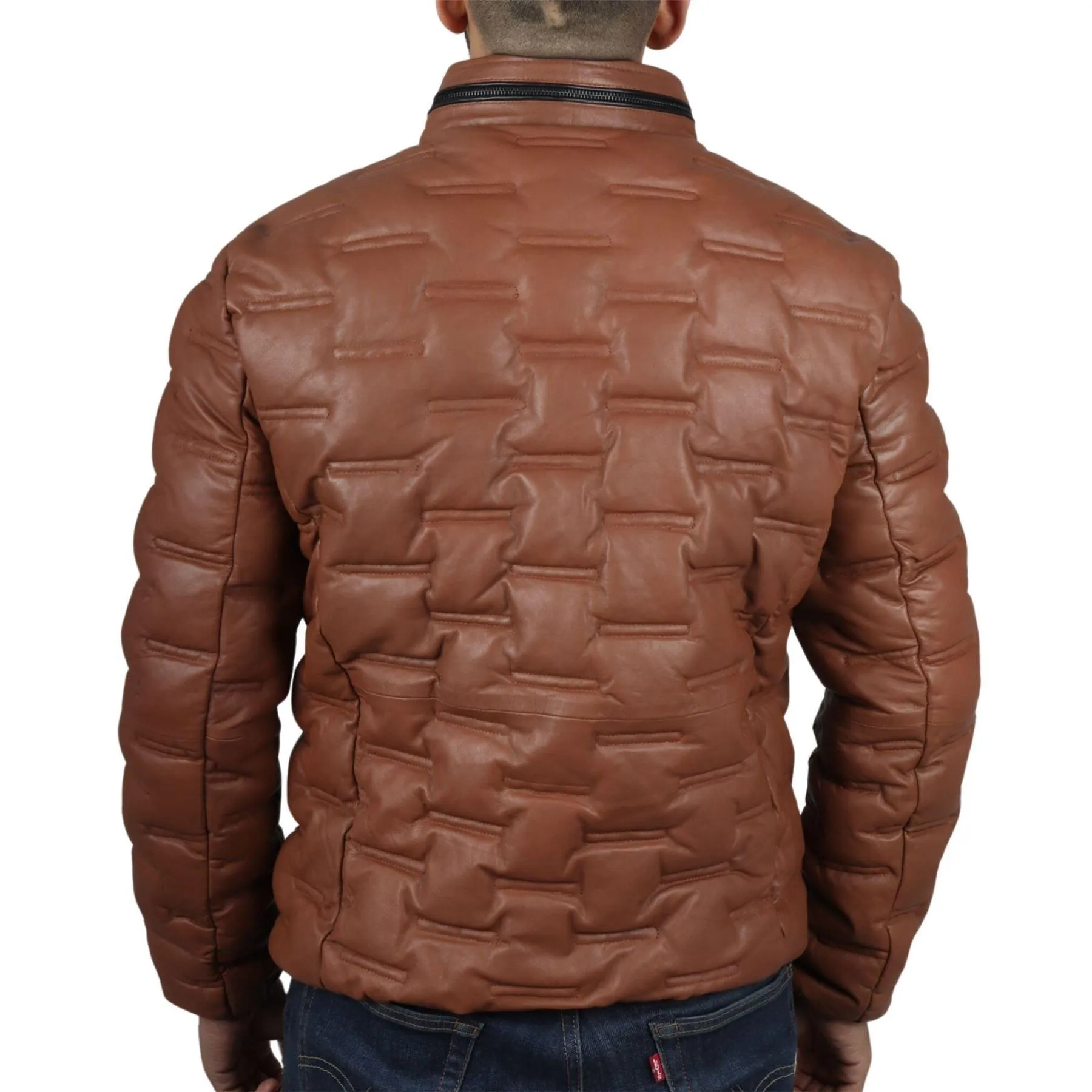 Men's Puffer Quilted Real Leather Jacket Casual Waist Length