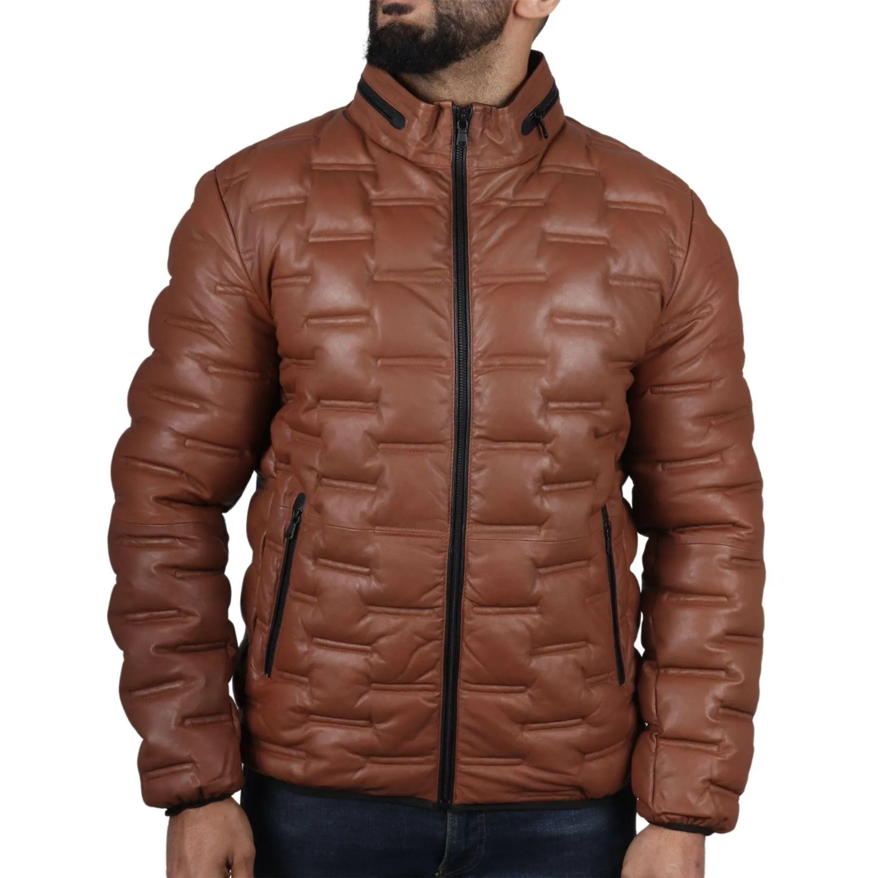 Men's Puffer Quilted Real Leather Jacket Casual Waist Length