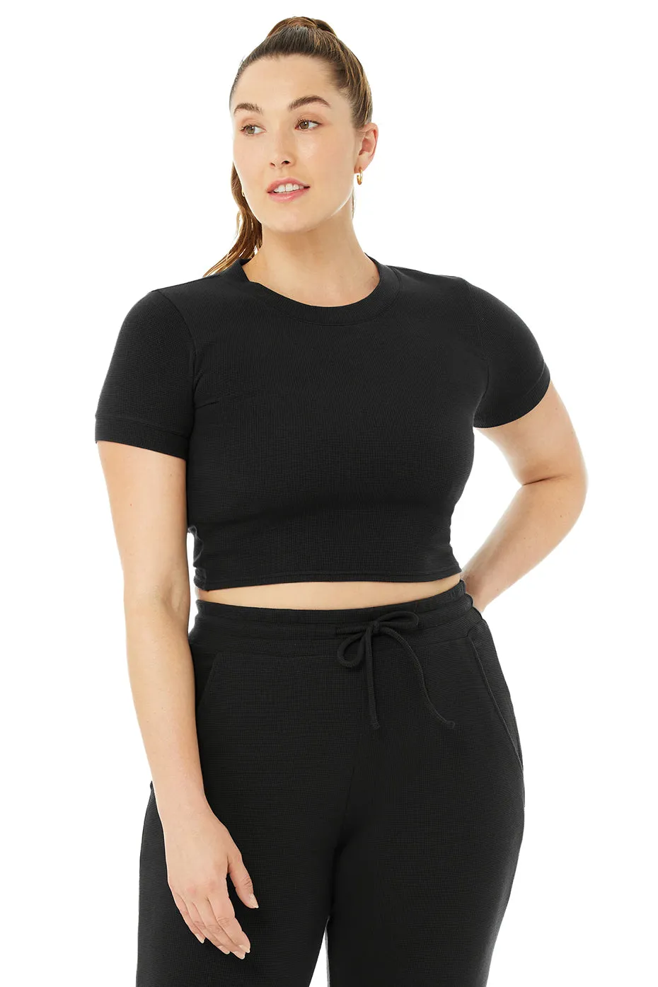 Micro Waffle Sierra Short Sleeve Top - Black