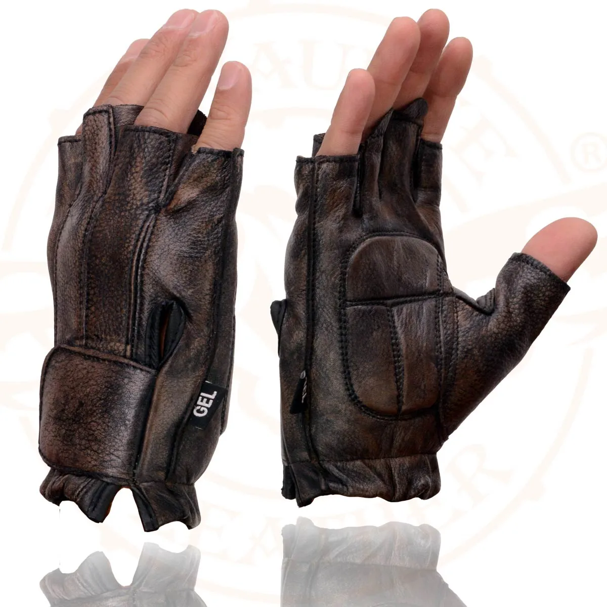 Milwaukee Leather MG7561 Men's Brown Leather Gel Padded Palm Fingerless Motorcycle Hand Gloves Made W/ ‘Naked Leather’