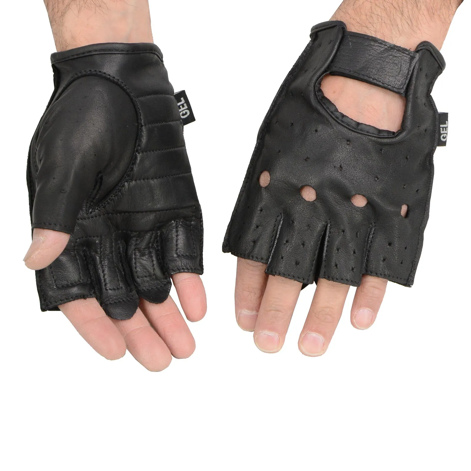 Milwaukee Leather SH195 Men's Black Leather Perforated Gel Padded Palm Fingerless Motorcycle Hand Gloves W/ ‘Open Knuckle’