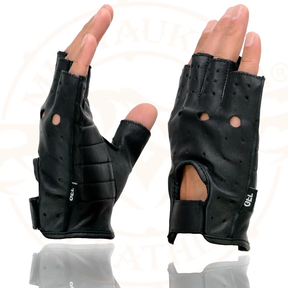 Milwaukee Leather SH195 Men's Black Leather Perforated Gel Padded Palm Fingerless Motorcycle Hand Gloves W/ ‘Open Knuckle’