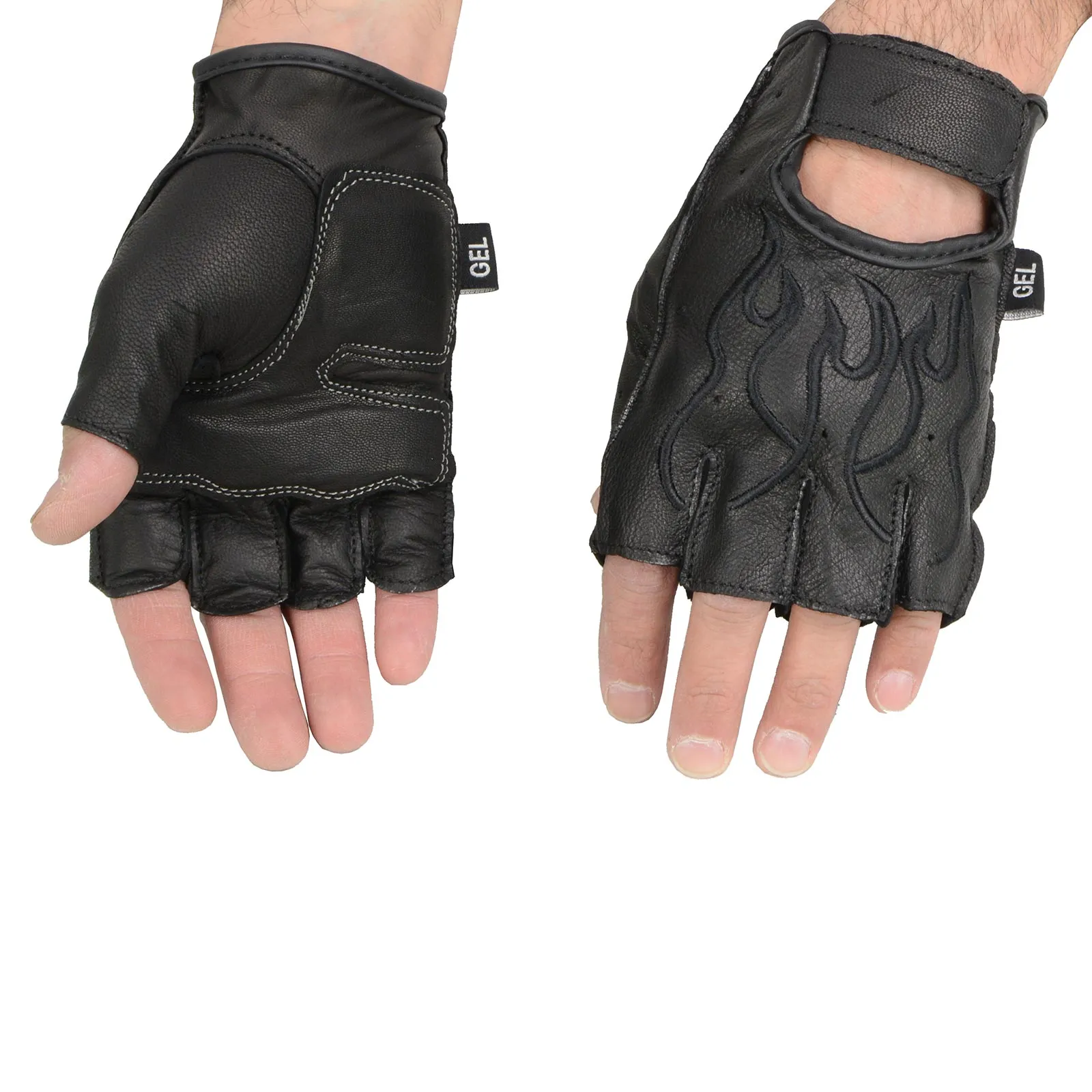 Milwaukee Leather SH198 Men's Black Leather Gel Padded Palm Fingerless Motorcycle Hand Gloves W/ ‘Black Flame Embroidered’