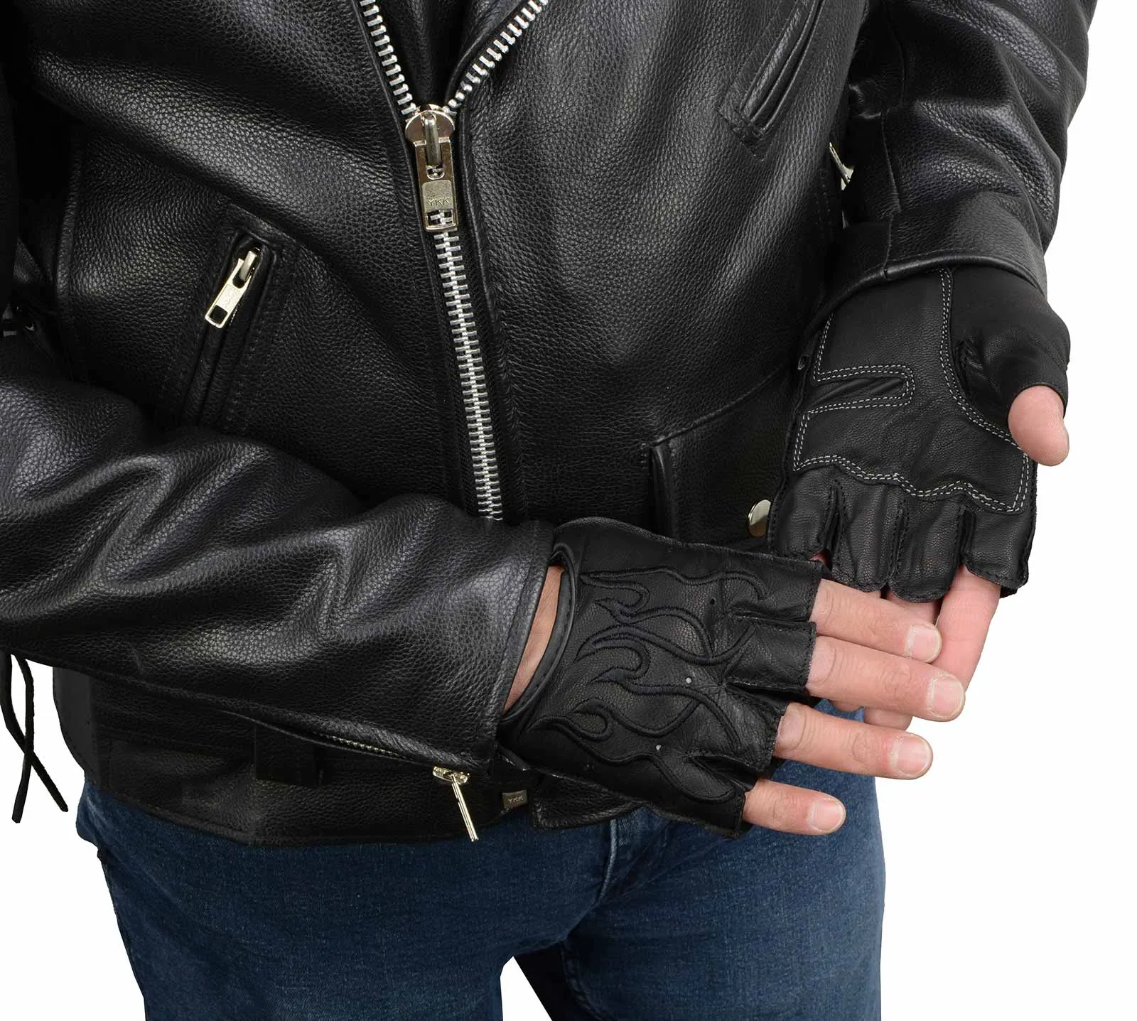 Milwaukee Leather SH198 Men's Black Leather Gel Padded Palm Fingerless Motorcycle Hand Gloves W/ ‘Black Flame Embroidered’