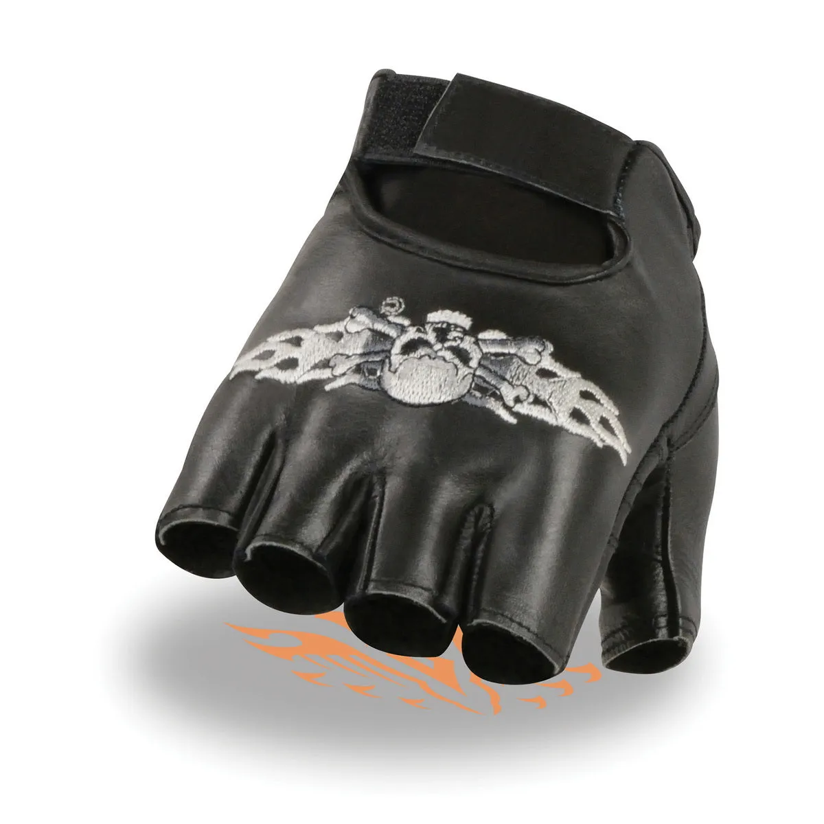 Milwaukee Leather SH353 Men's Black Leather Gel Padded Palm Fingerless Motorcycle Hand Gloves W/ ‘Embroidered Skull & Bones’