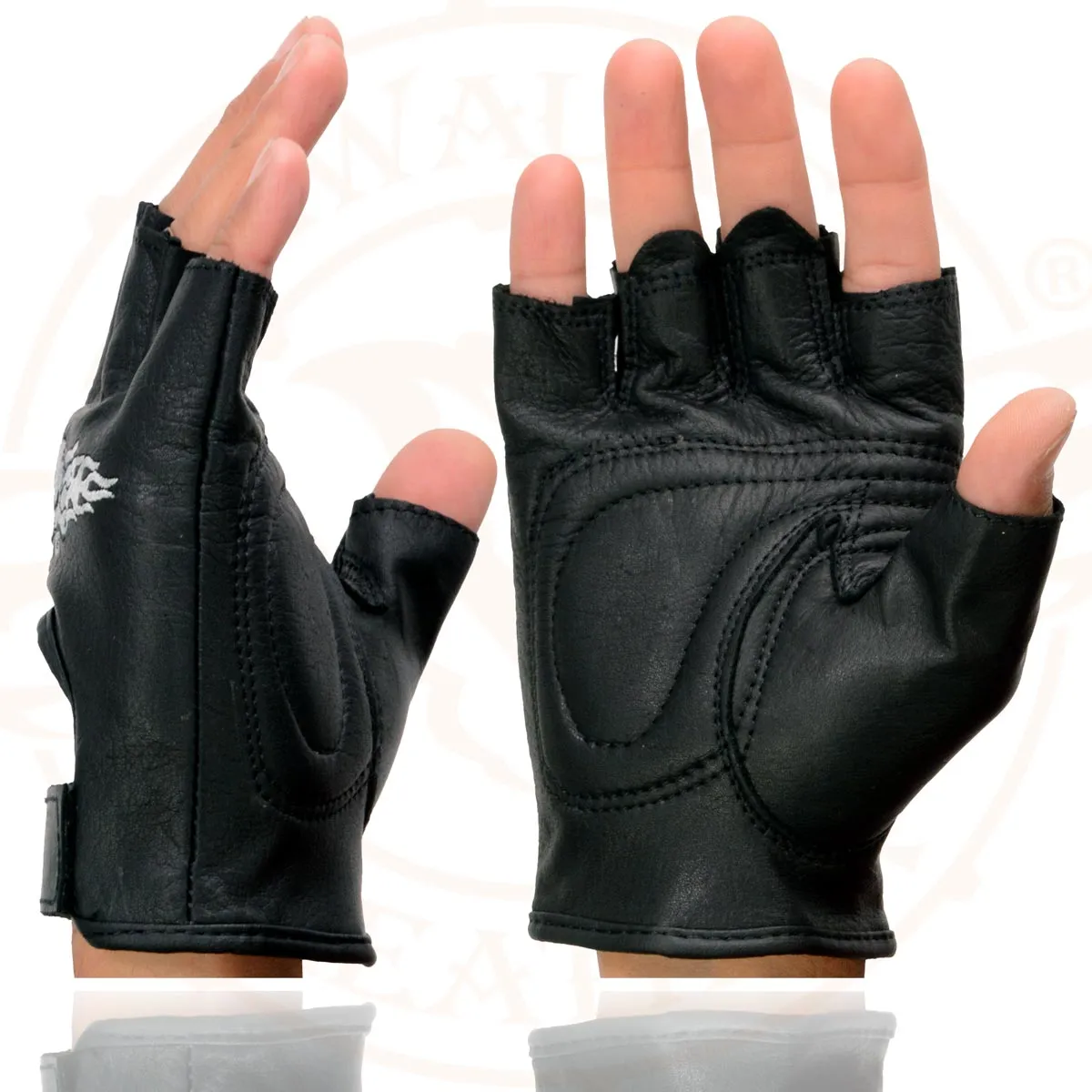 Milwaukee Leather SH353 Men's Black Leather Gel Padded Palm Fingerless Motorcycle Hand Gloves W/ ‘Embroidered Skull & Bones’