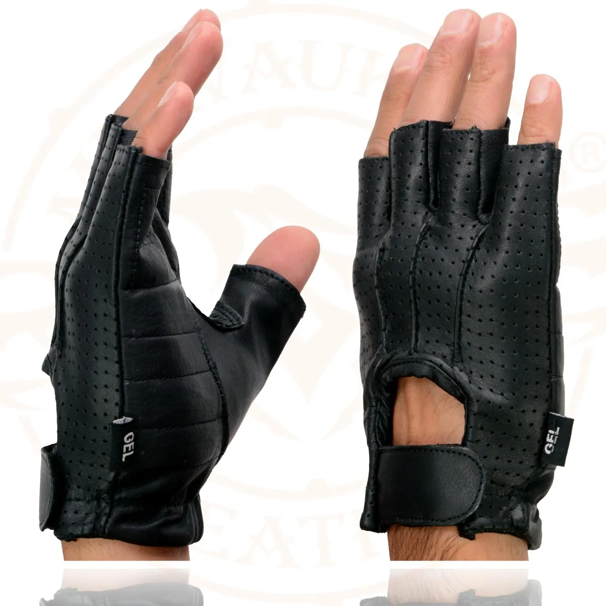 Milwaukee Leather SH357 Men's Black Leather Gel Padded Palm Fingerless Motorcycle Hand Gloves W/ ‘Welted Perforated Leather’