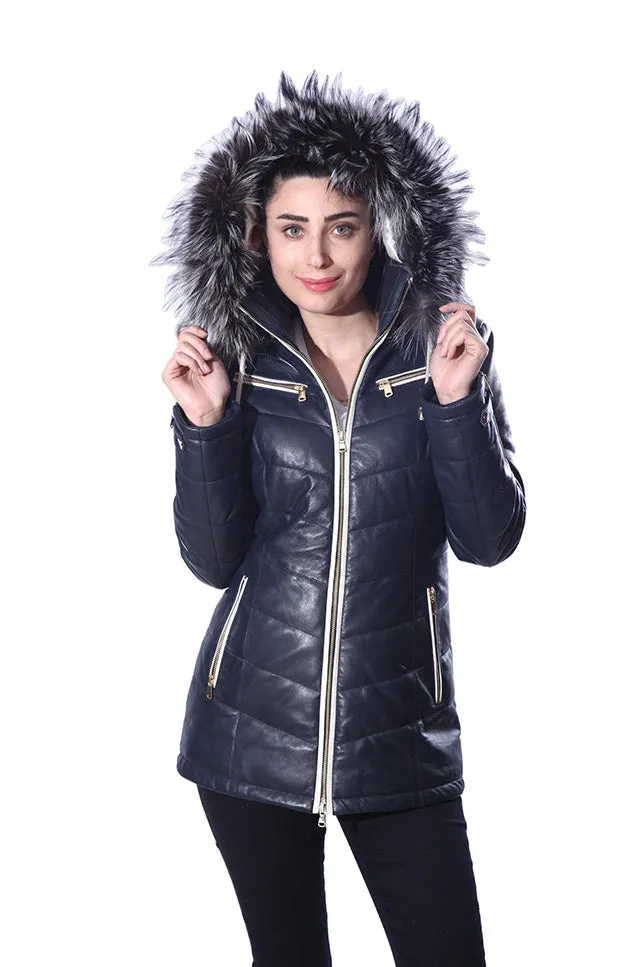 Monica Womens Real Silver Fox Fur Hooded Leather Jacket