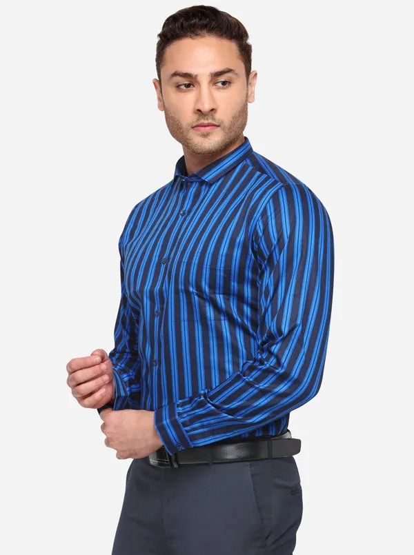 Navy Blue & Black Striped Slim Fit Formal Shirt | Greenfibre